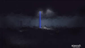 在暴風雨的夜空下，一道發光的藍色光束從Minecraft城市中升起。 — 我的世界 壁紙