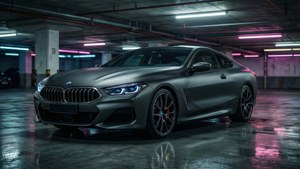 霧面灰色BMW 8系轎跑車停在霓虹燈照亮的地下車庫，地面潮濕且有反射。
