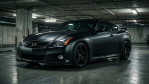 啞光黑色 Infiniti G35 雙門轎跑車停在光線昏暗的地下車庫。