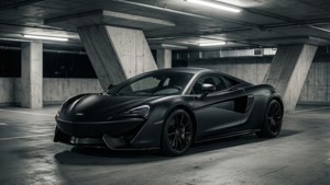 啞光黑色McLaren跑車在混凝土地下停車場。