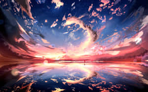 一個人在夕陽下站在反射表面上，頭頂是充滿活力的旋轉天空。