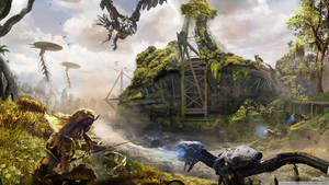 戰士在叢林中與機械生物戰鬥，周圍有古代遺跡。