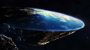 地球懸浮在深空中的小行星上方，帶有閃爍的城市燈光。
