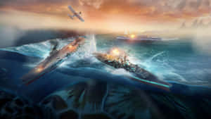軍艦在日落時分進行海戰，伴有爆炸和頭頂的戰鬥機。