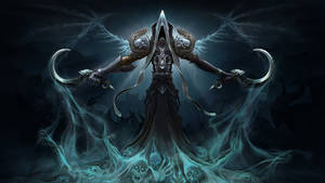 帶有發光藍色能量和骷髏的惡魔戰士手持彎曲刀刃。