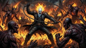 Ghost Rider 在熾熱的地獄場景中與惡魔戰鬥。