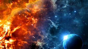 行星在火熱橙色和深藍色宇宙星雲中與星星一同發光。