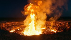 夜間火山噴發，冒出亮橙色熔岩和煙霧