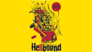 Hellbound 漫畫封面，紅色汽車在黃色背景上爆炸成恐怖人物。