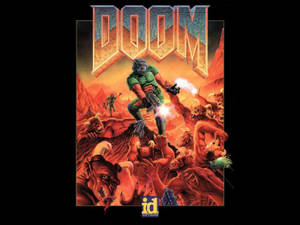 來自遊戲 DOOM 的士兵在熾熱的外星景觀中與惡魔戰鬥。