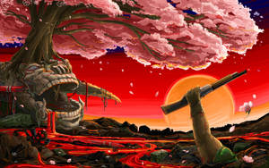 戰士手臂在血紅夕陽下於櫻花樹下握著步槍