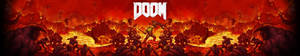Doom士兵在熾熱的地獄景觀中與惡魔生物戰鬥。