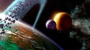 一個色彩繽紛的太空場景，有行星、小行星和發光的星雲。