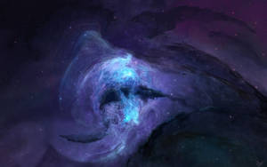 深空中一個發光的藍色星雲，被紫色雲和遙遠的星星包圍。