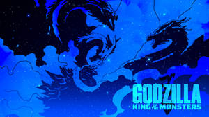 兩條巨龍在星空藍色太空中飛翔，帶有Godzilla King of the Monsters文字。