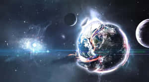 地球散發宇宙光芒，被行星和星星環繞