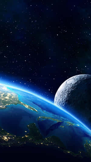 太空中的地球和月亮，帶有閃爍的城市燈光和繁星背景 — 行星 壁紙