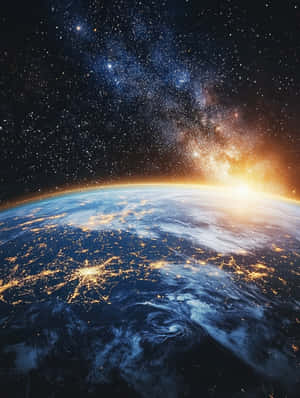 暮色中的行星地球，顯示城市燈光在海洋和雲層之上，下方是星空 — 太空 壁紙