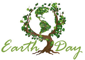 樹枝形成地球形狀，帶有綠葉和Earth Day文字。