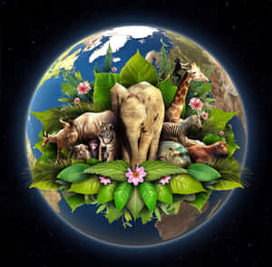 地球被熱帶植物和野生動物環繞，背景是星空。