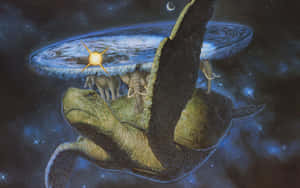 一隻有翅膀的巨龜背著大象穿越星光閃爍的宇宙天空，天空中有發光的太陽。