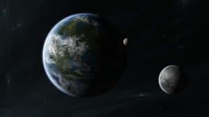 地球和兩個月亮在深空中，星星可見 — 行星 壁紙