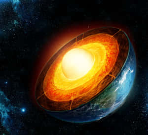 地球的橫截面，在繁星點點的太空背景下顯示內部層。 — 行星 壁紙
