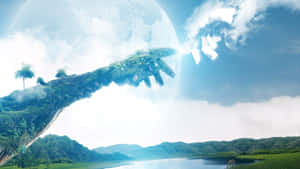 一棵樹木組成的巨手從行星伸向湖面上的太陽。