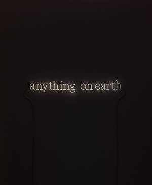 深色牆上寫着 anything on earth 的霓虹燈牌。