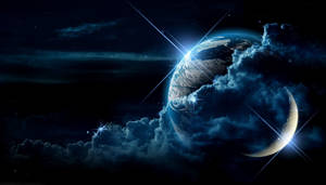 藍色行星和彎月在繁星點點的夜空中與宇宙雲一起發光。