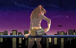 動漫女孩在屋頂上俯瞰夜晚的城市，星空下