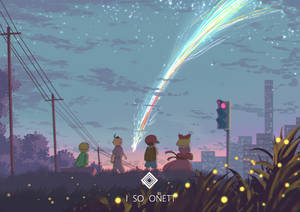 四個孩子凝視著黃昏城市上空五彩斑斕的流星雨。