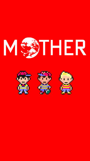 三個像素化的小孩在「MOTHER」字樣下，地球儀代替O，紅色背景。