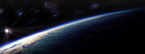 從太空看地球，大氣發光，星空閃爍。