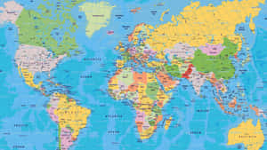 色彩繽紛的世界地圖，顯示大洲、國家和海洋，帶有網格線。