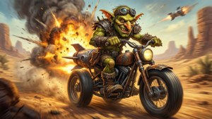 綠色哥布林騎生鏽摩托車在沙漠中疾馳，身後有爆炸