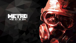 紅色防毒面具帶有星星徽章，置於黑暗幾何背景和Metro 2033文字前。