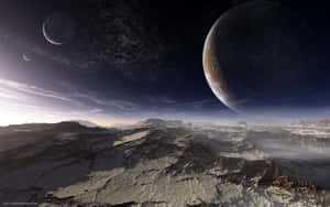 外星岩石地形，暮色天空中可見三顆行星。 — 太空 壁紙