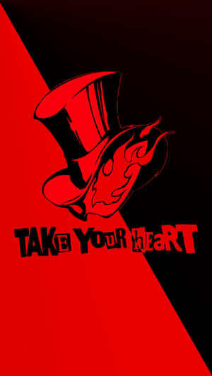紅色和黑色圖形，描繪一頂帶有火焰的高帽，文字寫著 take your heart。