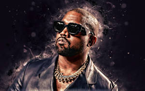 Kanye West 戴著太陽眼鏡和金鏈的煙霧深色肖像。