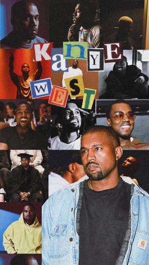 Kanye West 嘅拼貼畫，展示唔同服裝同表情，並用彩色字母方塊。