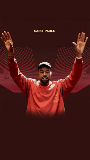 Kanye West 雙臂高舉，身穿紅色衛衣和帽子，背景為深色，帶有紅色射線。
