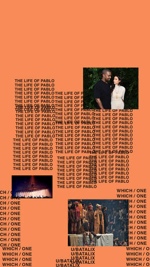 橙色背景，重複的專輯標題以及Kanye West和Kim Kardashian在活動中的照片。