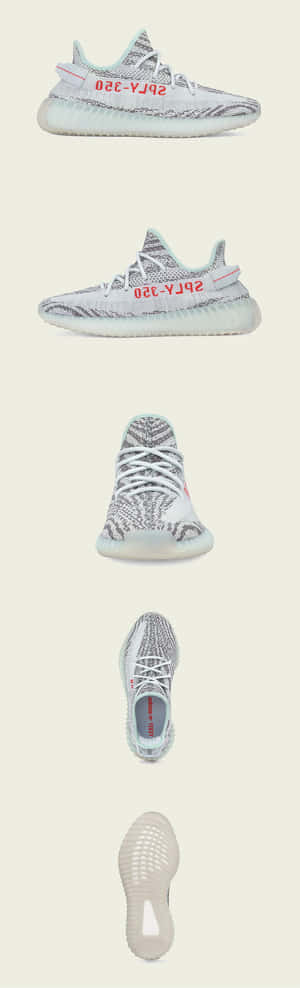 五個角度的白色灰色 Yeezy 運動鞋，在米色背景上有紅色文字。