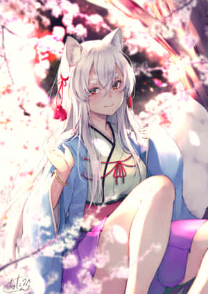 櫻花場景中帶狐狸耳朵的動漫少女 — 可愛動漫女仔 壁紙