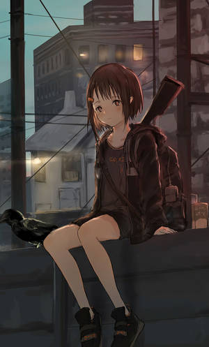 動漫女孩與烏鴉在屋頂上，背景是暮色中的城市天際線。