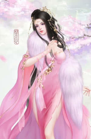 動漫女性身穿粉紅色長裙，站在櫻花下，戴著金色髮飾