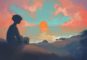 一個人坐在沙灘上觀賞海洋上方的日落剪影。 — 日落 壁紙