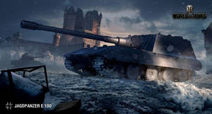 Jagdpanzer E 100 坦克在雪地戰場與城堡廢墟中（夜晚）