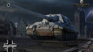一輛 Jagdtiger 坦克在雷暴中矗立在歐洲小鎮的廢墟中。
